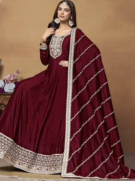 Maroon Art Silk Embroidered Anarkali Suit