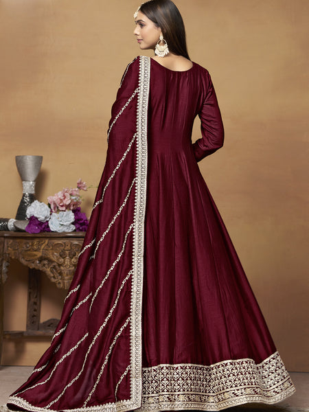Maroon Art Silk Embroidered Anarkali Suit