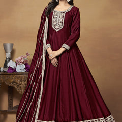 Maroon Art Silk Embroidered Anarkali Suit