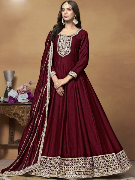 Maroon Art Silk Embroidered Anarkali Suit