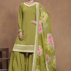 Parrot Green Roman Silk Embroidered Palazzo Suit