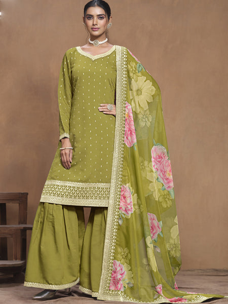 Parrot Green Roman Silk Embroidered Palazzo Suit