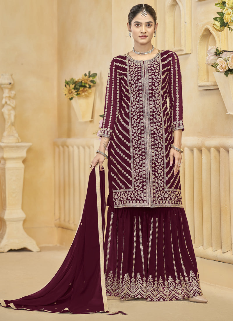 Maroon Georgette Embroidered Designer Sharara Suit