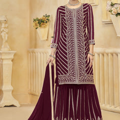 Maroon Georgette Embroidered Designer Sharara Suit