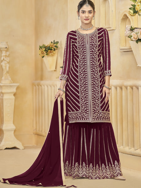 Maroon Georgette Embroidered Designer Sharara Suit