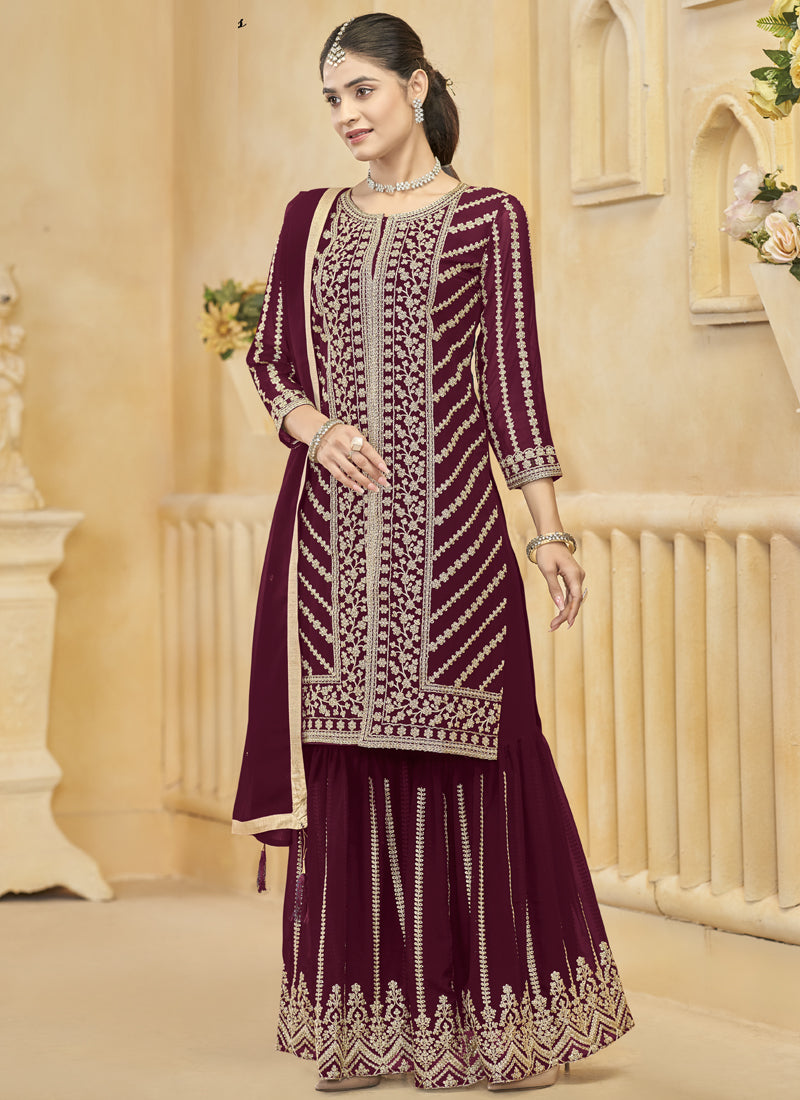 Maroon Georgette Embroidered Designer Sharara Suit