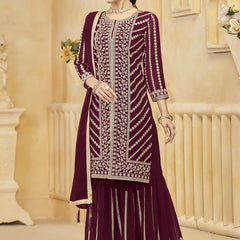 Maroon Georgette Embroidered Designer Sharara Suit