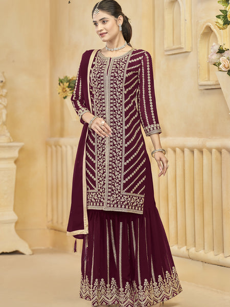Maroon Georgette Embroidered Designer Sharara Suit