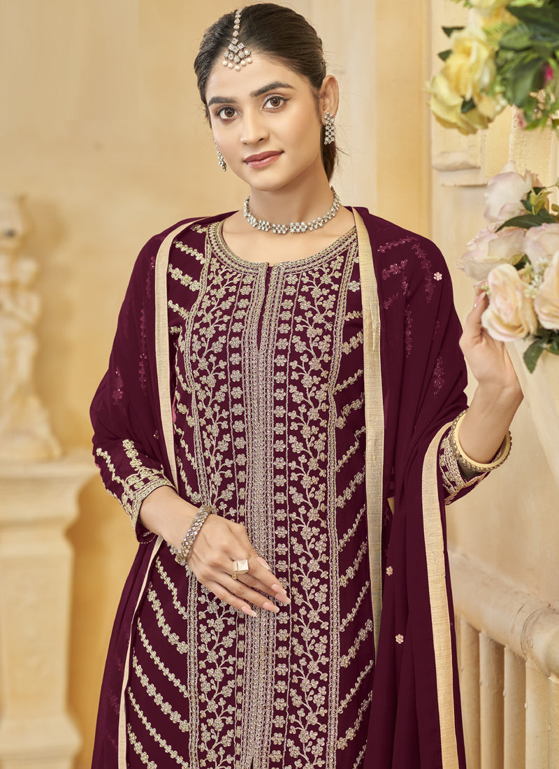 Maroon Georgette Embroidered Designer Sharara Suit