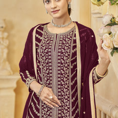 Maroon Georgette Embroidered Designer Sharara Suit