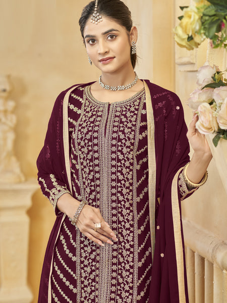 Maroon Georgette Embroidered Designer Sharara Suit