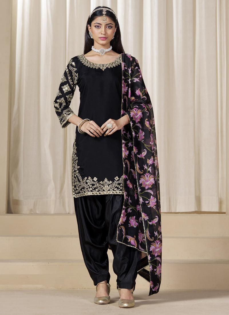 Black Roman Silk Embroidered Salwar Suit For Festival