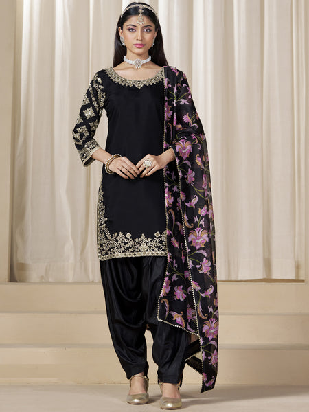 Black Roman Silk Embroidered Salwar Suit For Festival