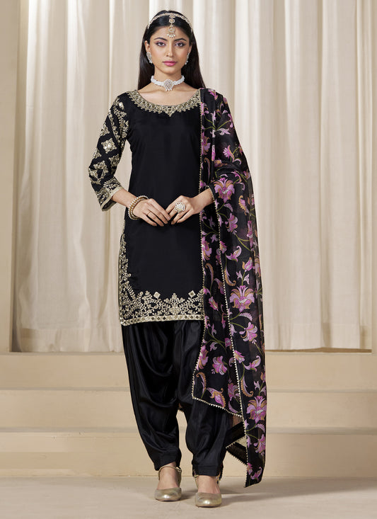 Black Roman Silk Embroidered Salwar Suit For Festival