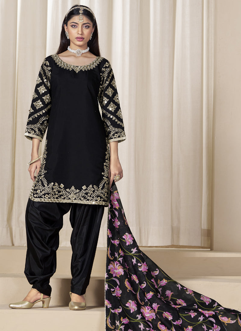 Black Roman Silk Embroidered Salwar Suit For Festival