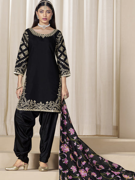Black Roman Silk Embroidered Salwar Suit For Festival