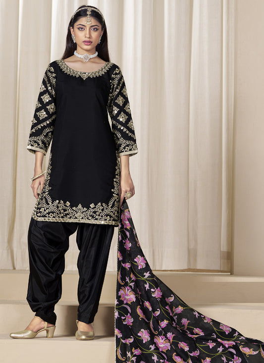 Black Roman Silk Embroidered Salwar Suit For Festival