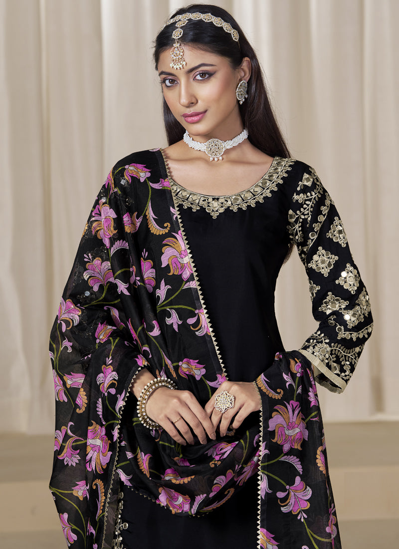 Black Roman Silk Embroidered Salwar Suit For Festival