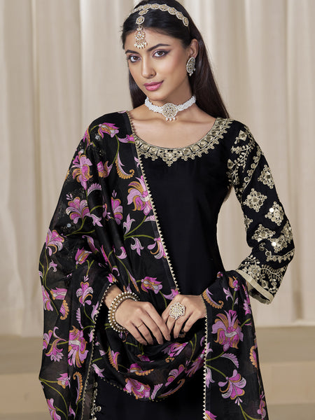 Black Roman Silk Embroidered Salwar Suit For Festival