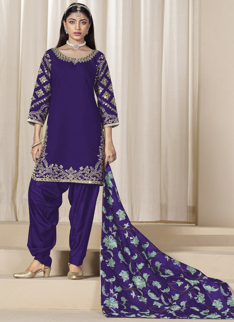 Violet Roman Silk Embroidered Salwar Suit For Festival