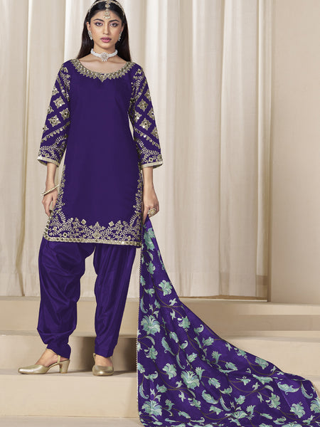 Violet Roman Silk Embroidered Salwar Suit For Festival
