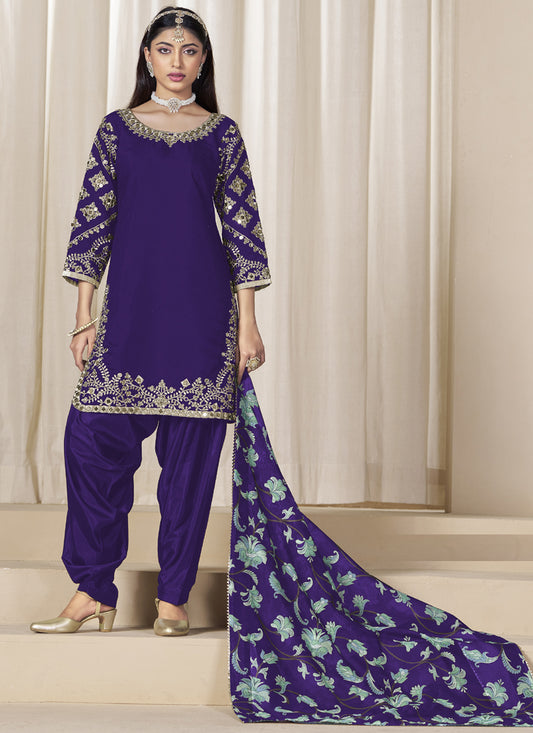 Violet Roman Silk Embroidered Salwar Suit For Festival