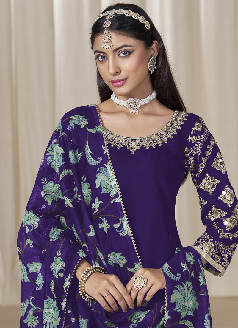 Violet Roman Silk Embroidered Salwar Suit For Festival