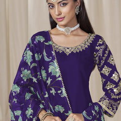 Violet Roman Silk Embroidered Salwar Suit For Festival