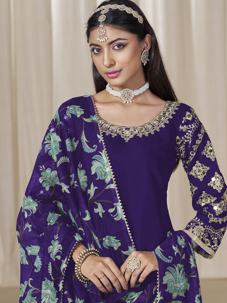 Violet Roman Silk Embroidered Salwar Suit For Festival