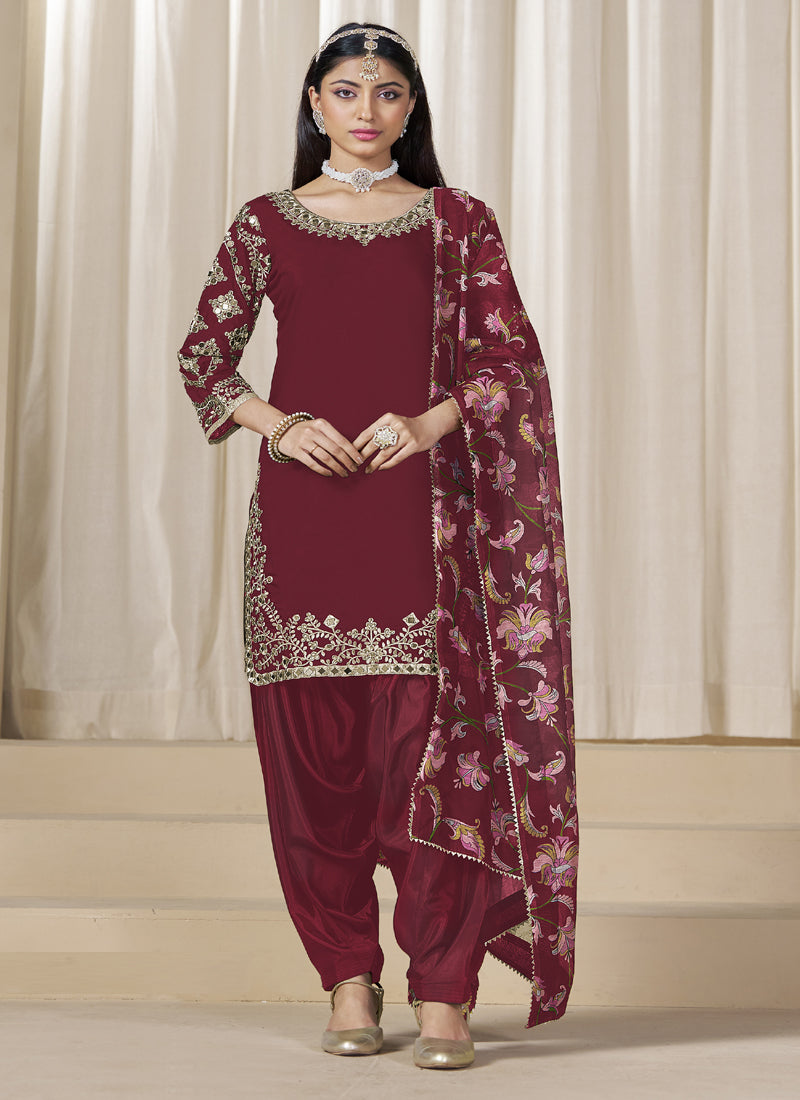 Maroon Roman Silk Embroidered Salwar Suit For Festival