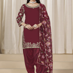 Maroon Roman Silk Embroidered Salwar Suit For Festival