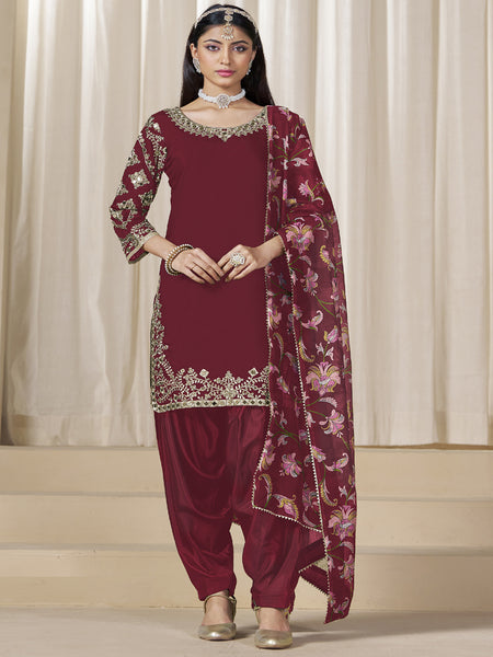 Maroon Roman Silk Embroidered Salwar Suit For Festival