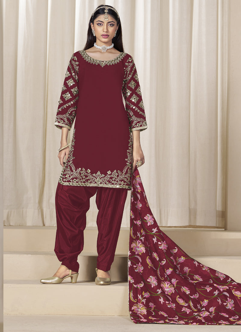 Maroon Roman Silk Embroidered Salwar Suit For Festival