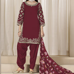 Maroon Roman Silk Embroidered Salwar Suit For Festival