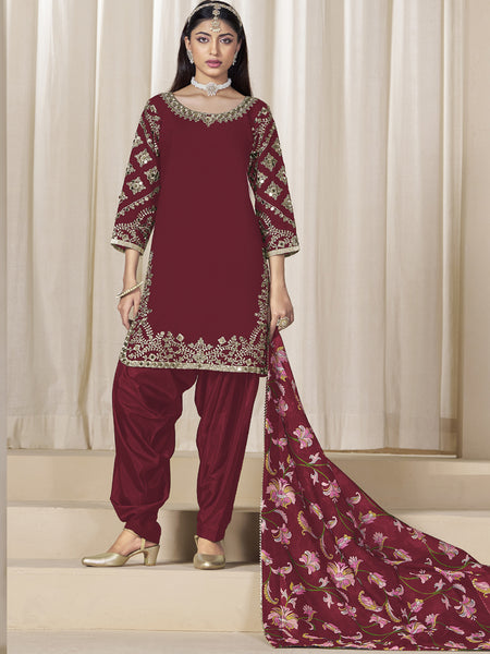Maroon Roman Silk Embroidered Salwar Suit For Festival