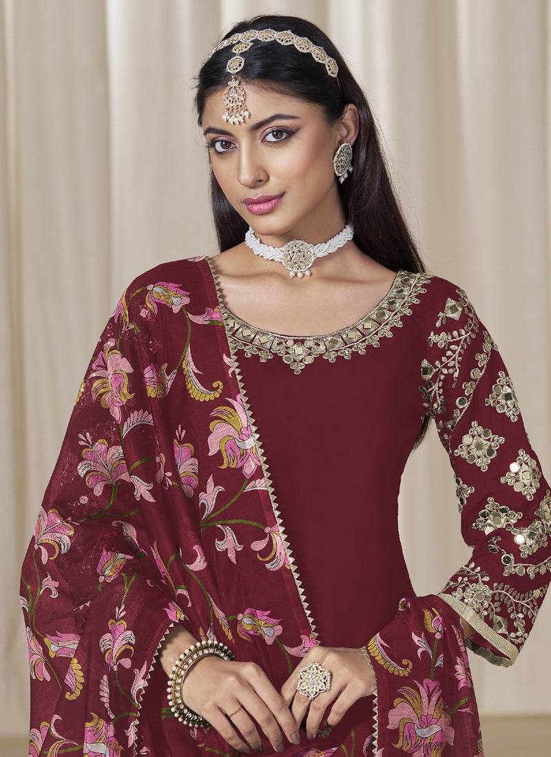 Maroon Roman Silk Embroidered Salwar Suit For Festival