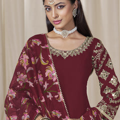Maroon Roman Silk Embroidered Salwar Suit For Festival