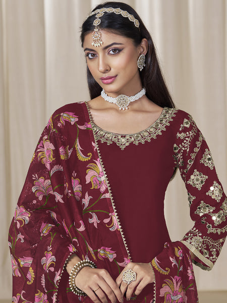 Maroon Roman Silk Embroidered Salwar Suit For Festival