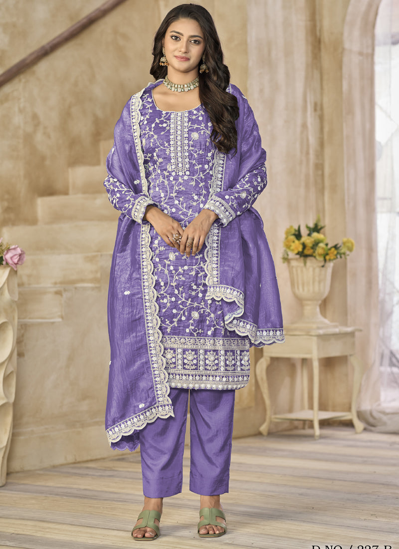 Lavender Organza Embroidered Salwar Suit For Festival