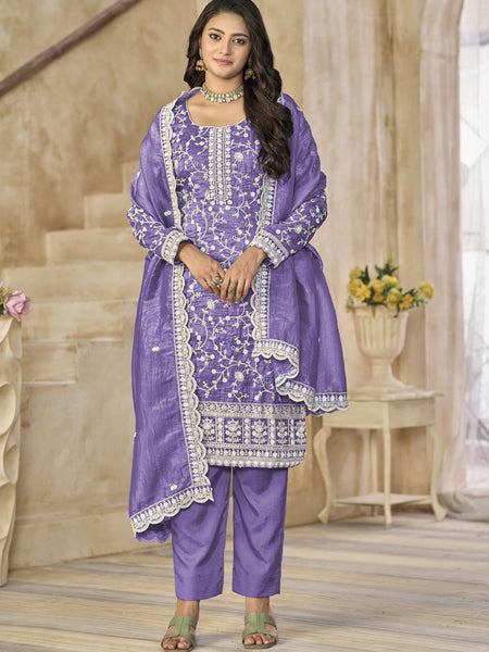 Lavender Organza Embroidered Salwar Suit For Festival