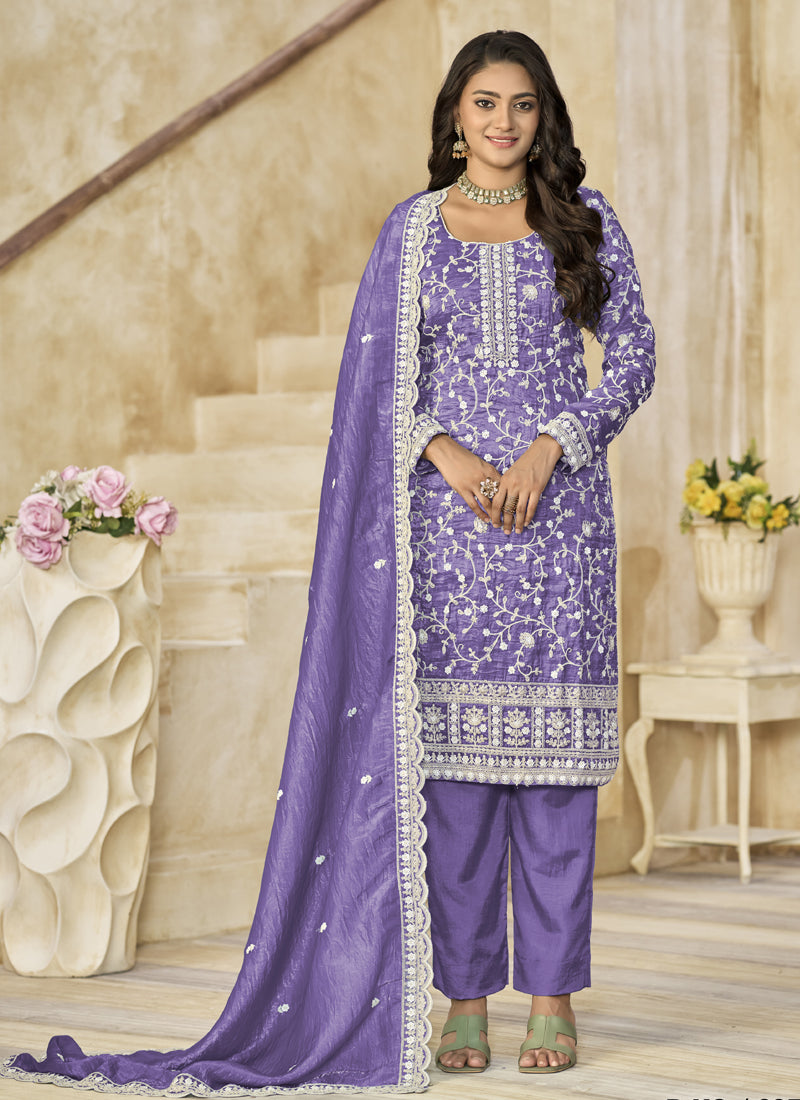 Lavender Organza Embroidered Salwar Suit For Festival