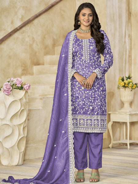 Lavender Organza Embroidered Salwar Suit For Festival