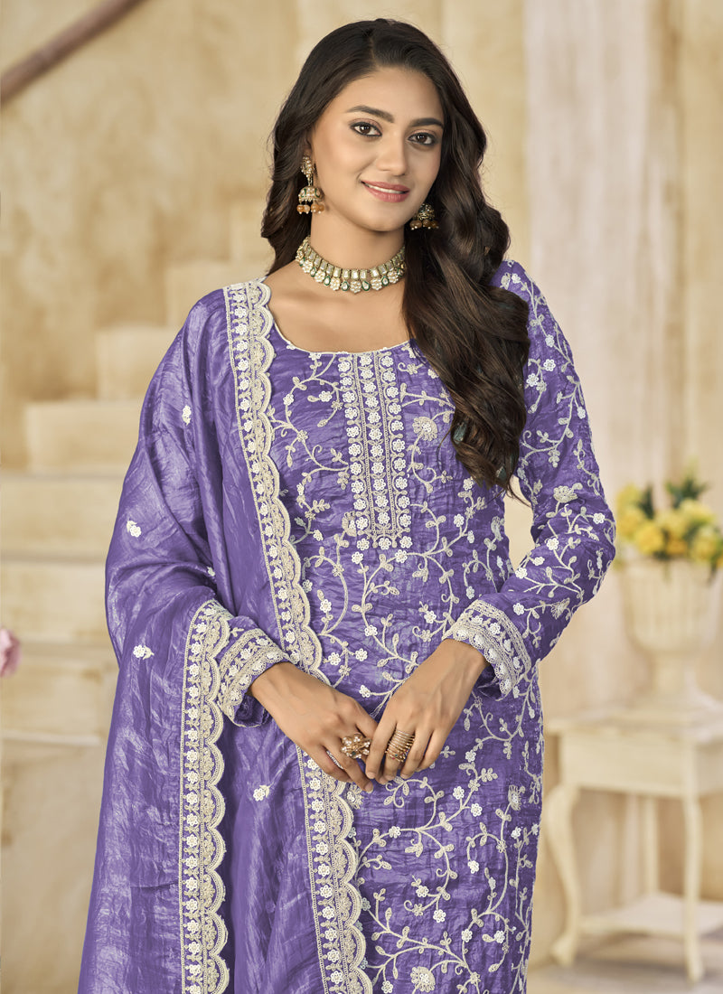 Lavender Organza Embroidered Salwar Suit For Festival