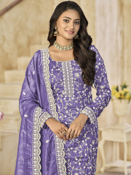 Lavender Organza Embroidered Salwar Suit For Festival