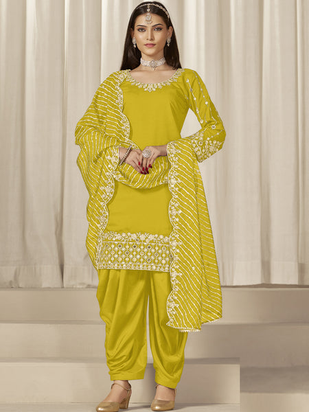 Yellow Roman Silk Embroidered Salwar Suit