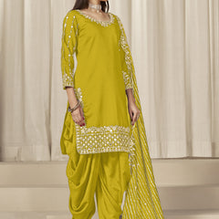 Yellow Roman Silk Embroidered Salwar Suit