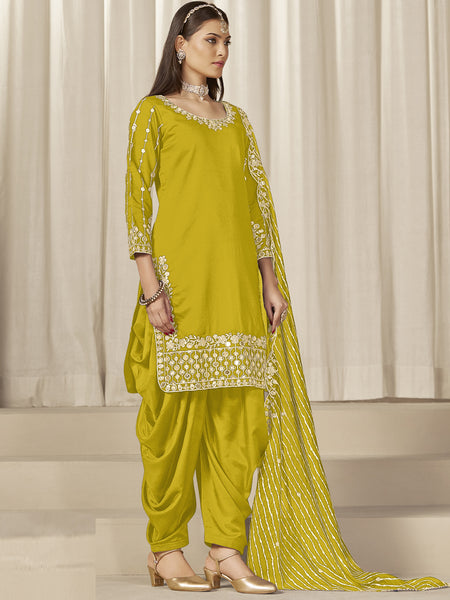 Yellow Roman Silk Embroidered Salwar Suit