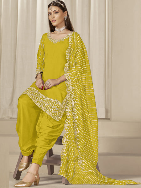 Yellow Roman Silk Embroidered Salwar Suit