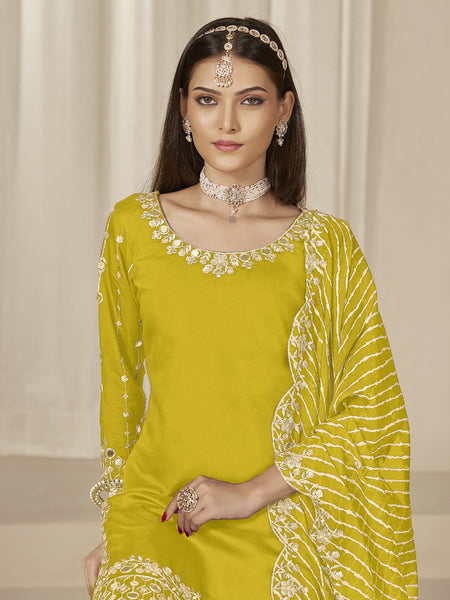 Yellow Roman Silk Embroidered Salwar Suit