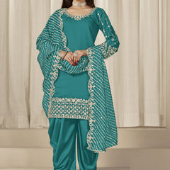 Turquoise Roman Silk Embroidered Salwar Suit